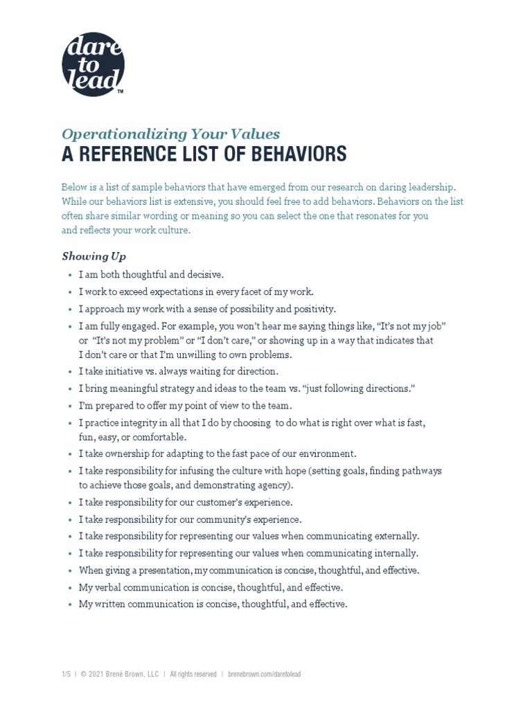 Brené Brown's Behavior Reference List | PDF | Emotions | Goal