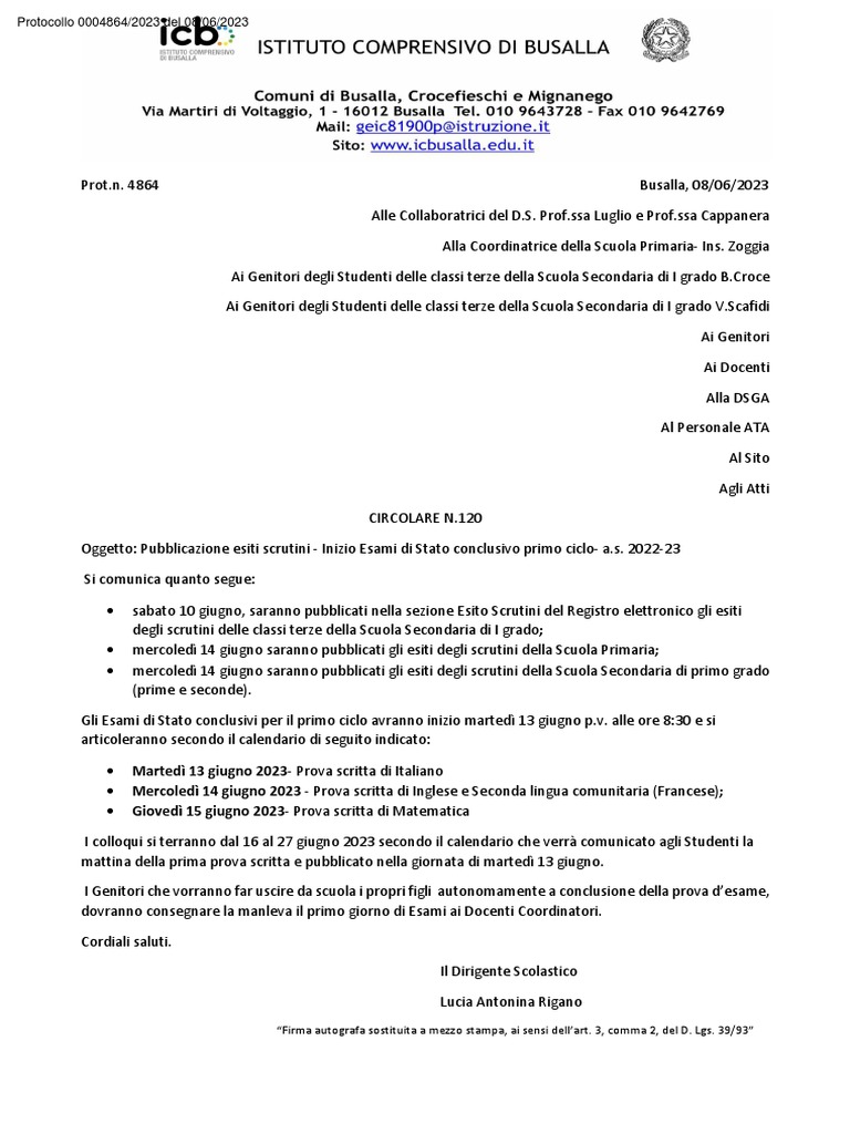 4864 120 Circolare Pubblicazione+Esiti+Scrutini+ +Inizio+Esami+Di+Stato