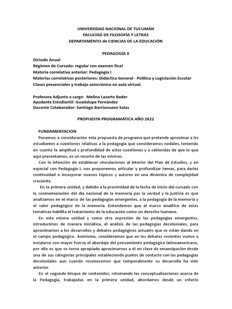 Propuesta de Programa de Pedagogía II | PDF | Teoría | Pedagogía