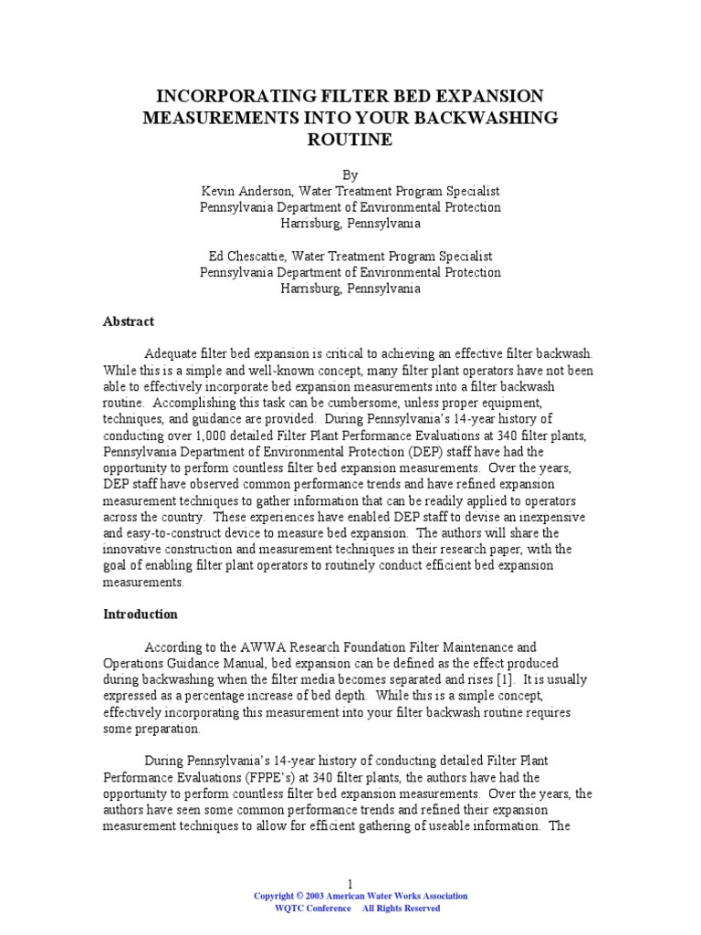 Filter Bed Expansion PDF Filtration Physical Sciences