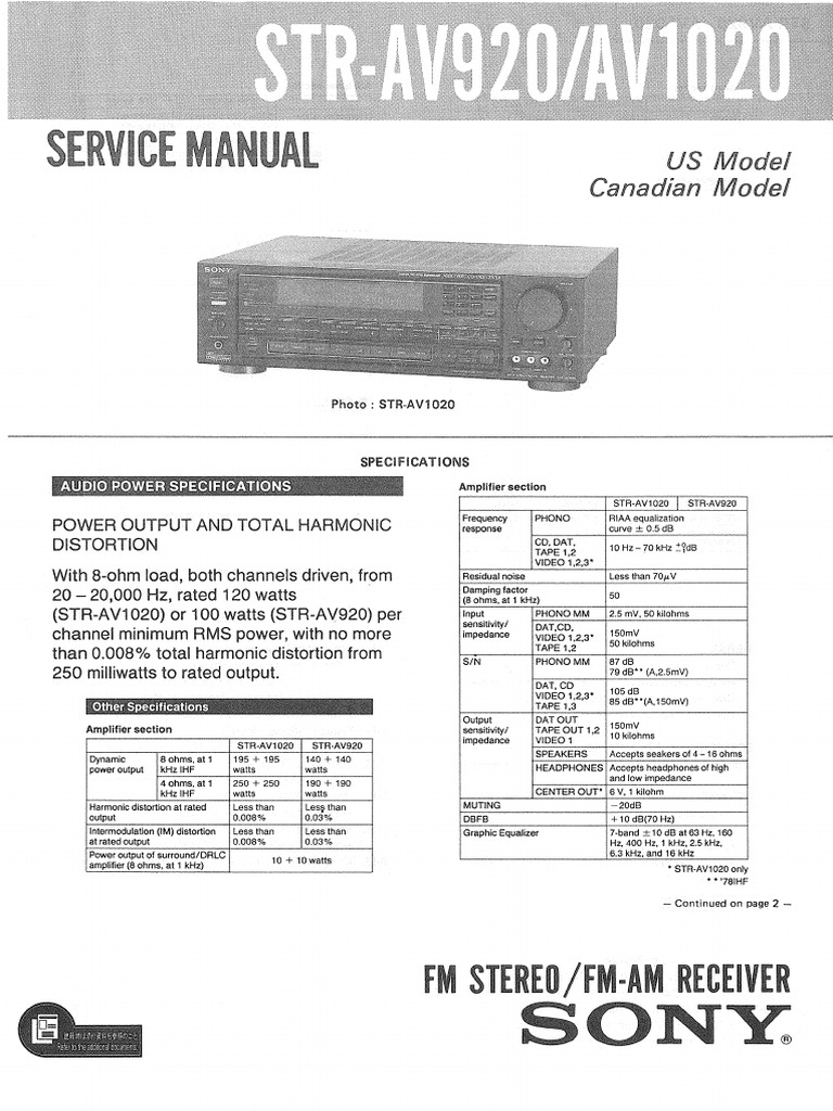 Sony Str-Av920 Av1020 | PDF