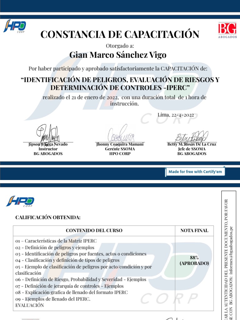 Certificate For Gian Marco Sánchez Vigo For Matriz IPERC PDF Certificate For Gian Marco Sánchez Vigo For Matriz IPERC PDF