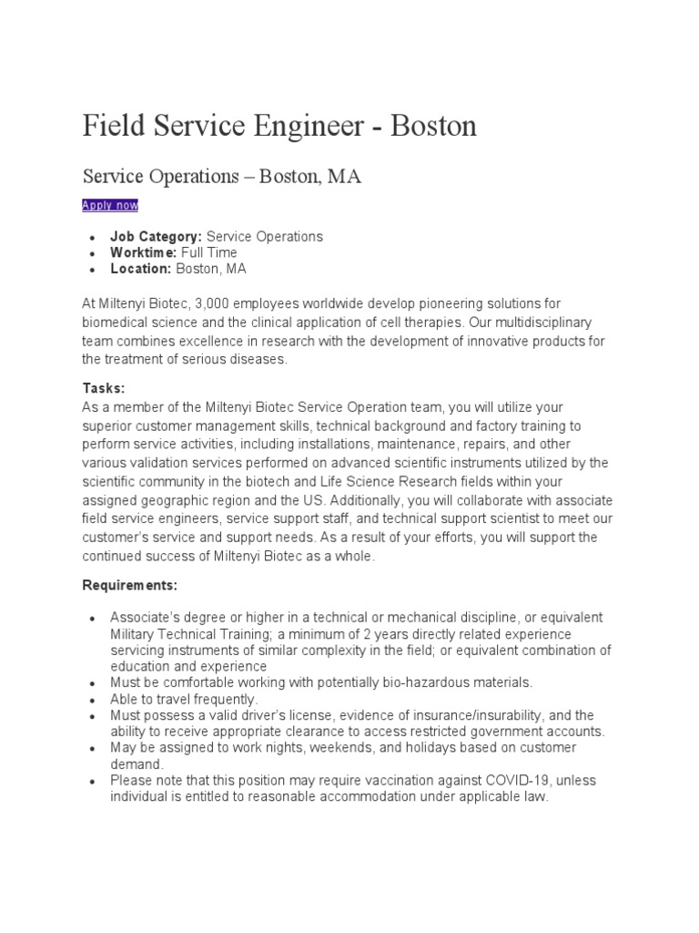 Field Service Engineer Boston PDF Engineer Science
