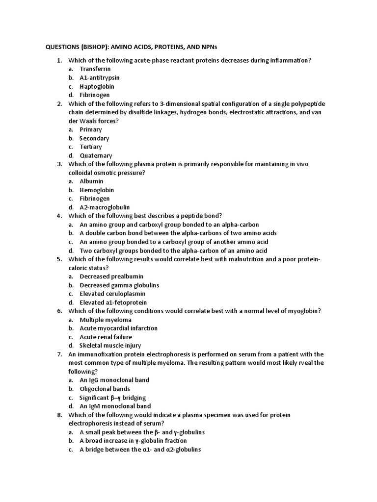 Bishop Questions on Amino Acids and Proteins | PDF | Blood Plasma ...