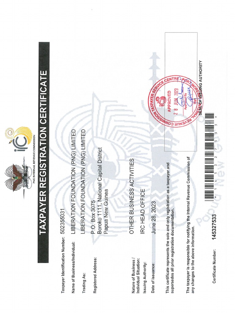 IRC TIN Certificate for Liberation Foundation PDF