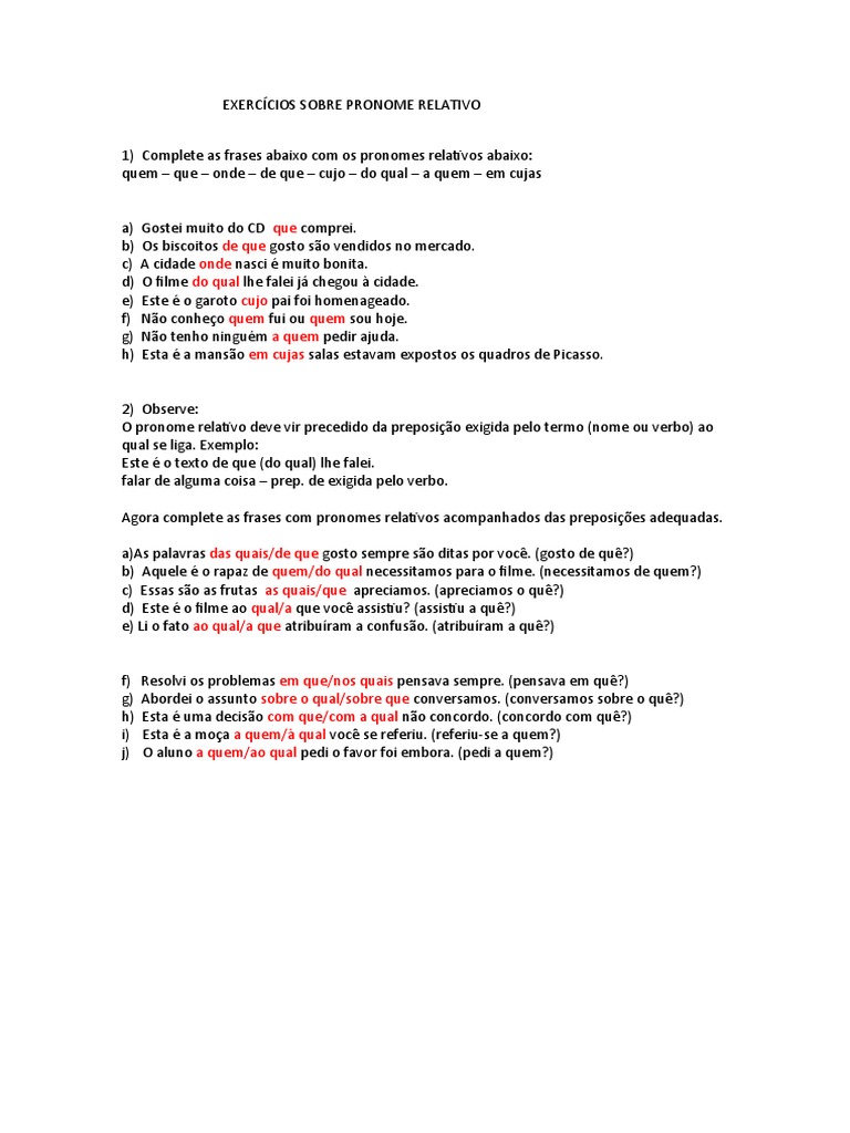 Exercícios Sobre Pronome Relativo | PDF