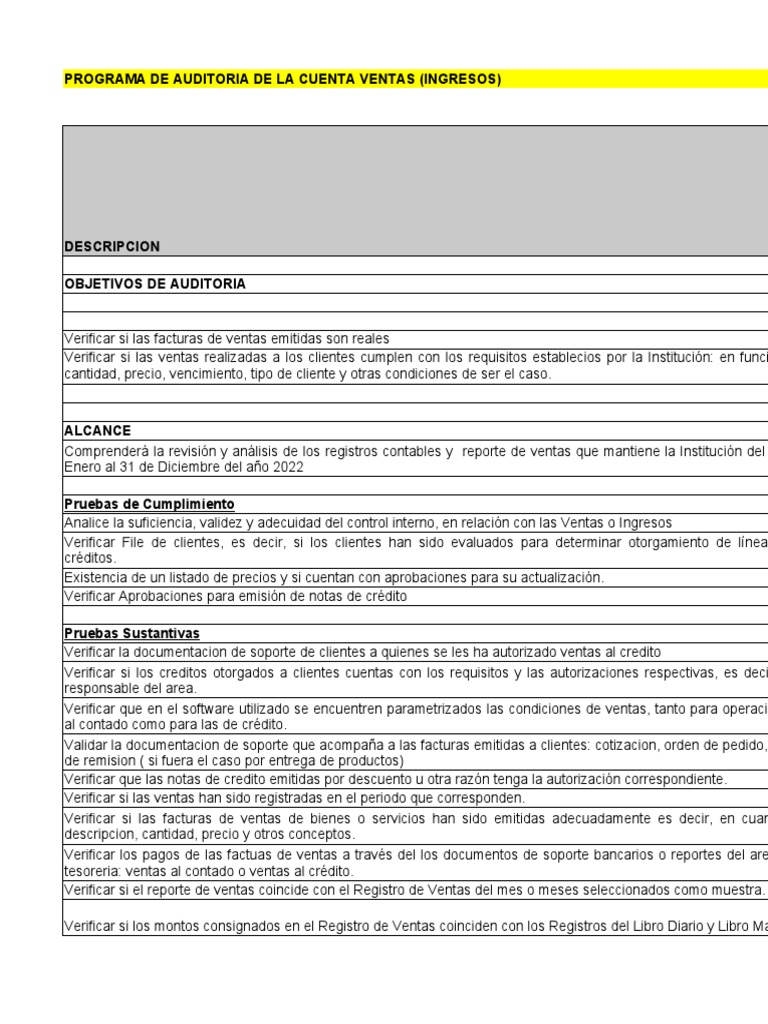 Programa de Auditoria Cuentas Por Cobrar y Ventas | PDF | Auditoría ...
