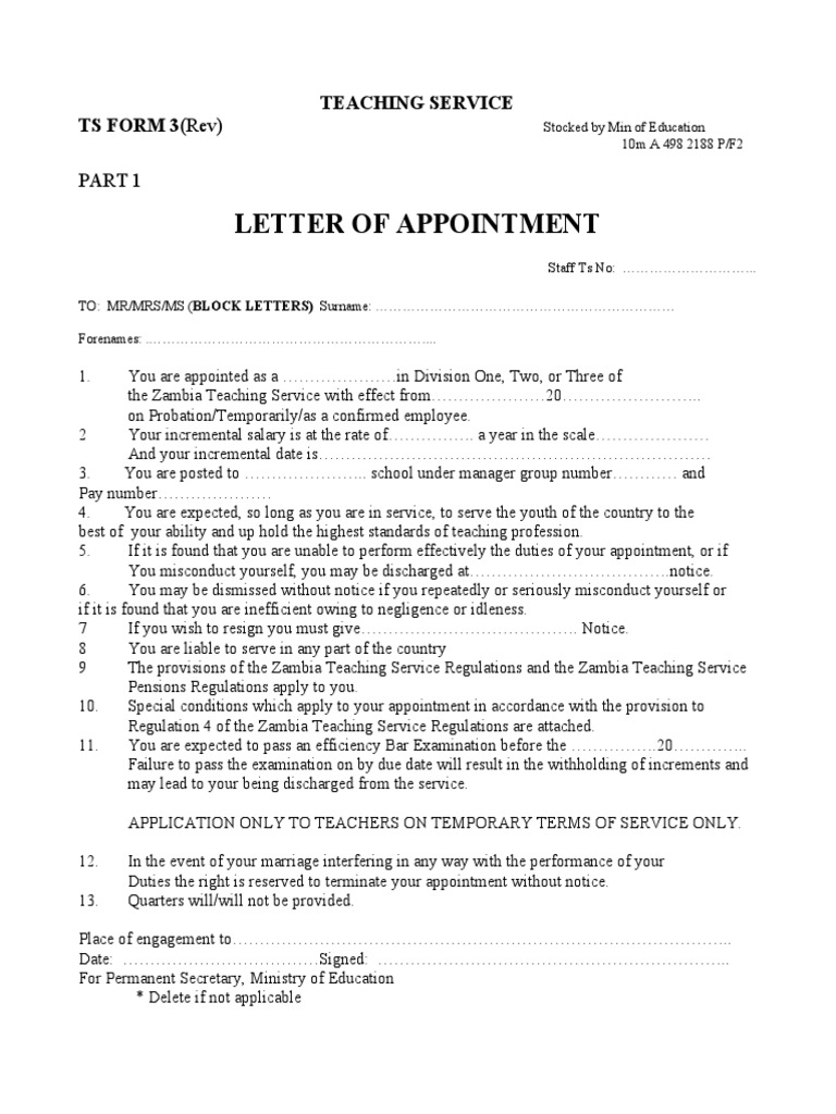 Zambia Teaching Service Appointment Form | PDF | Legal Liability | Cheque