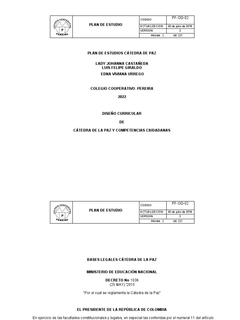 Plan de Estudios Cátedra de Paz 2022 | PDF | Educación de la primera ...