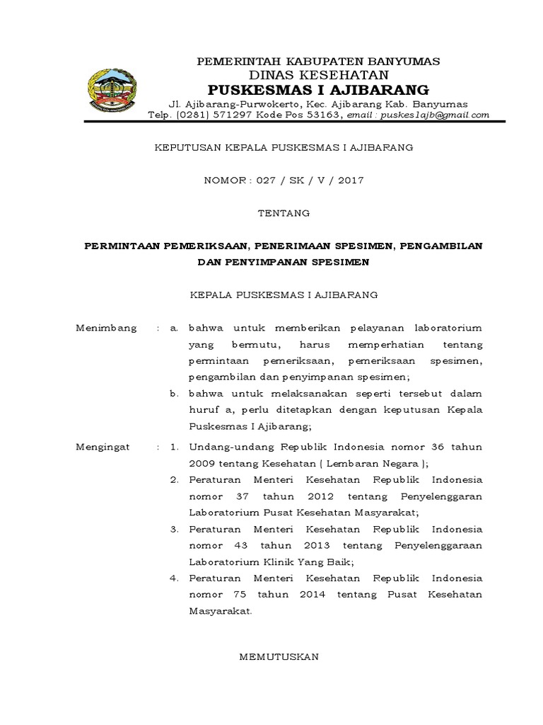 8.1.2.1 SK PEMBERLAKUAN PERMINTAAN PEMERIKSAAN, PENGAMBILAN SPESIMEN, PENEMRIMAAN SPESIMEN DAN