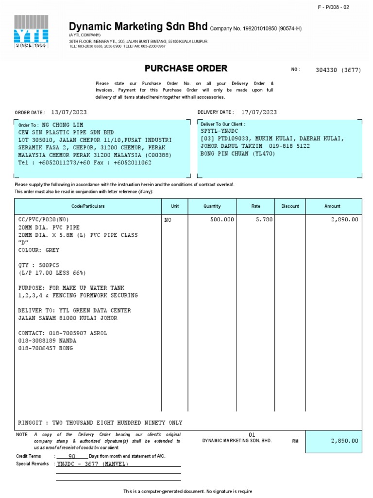 Purchase Order for PVC Pipes | PDF | Business | Service Industries
