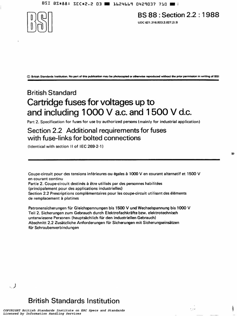 BS 88 Part 2 SEC 2.2-1988 | PDF | Fuse (Electrical) | Electrical ...