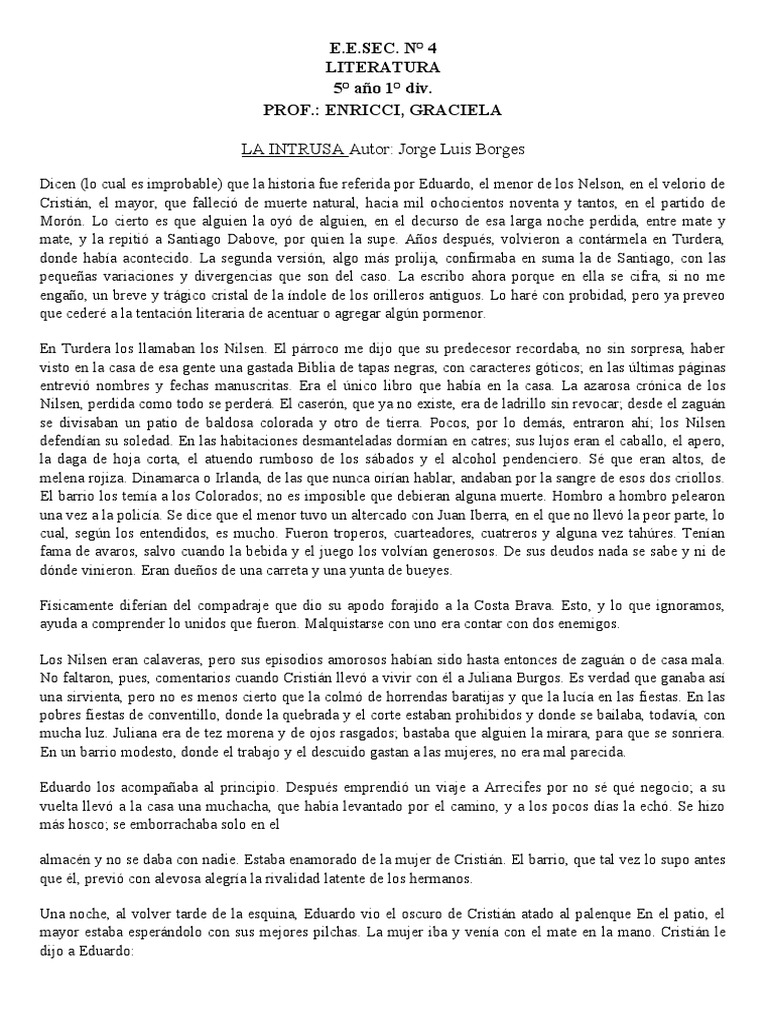 LA INTRUSA Jorge Luis Borges - Milena González | PDF