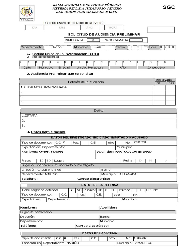 Formato Solicitud Audiencia Preliminar Don Anibal Pdf Justicia