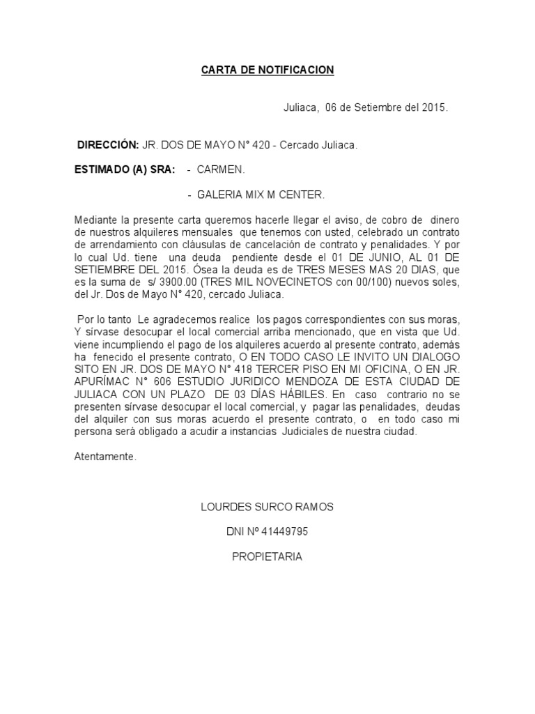 Carta De Notificación De Deuda De Alquiler Pdf Derecho