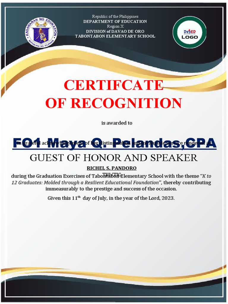Certificate of Recognition For Guest of Honor and Speaker Template 4 | PDF