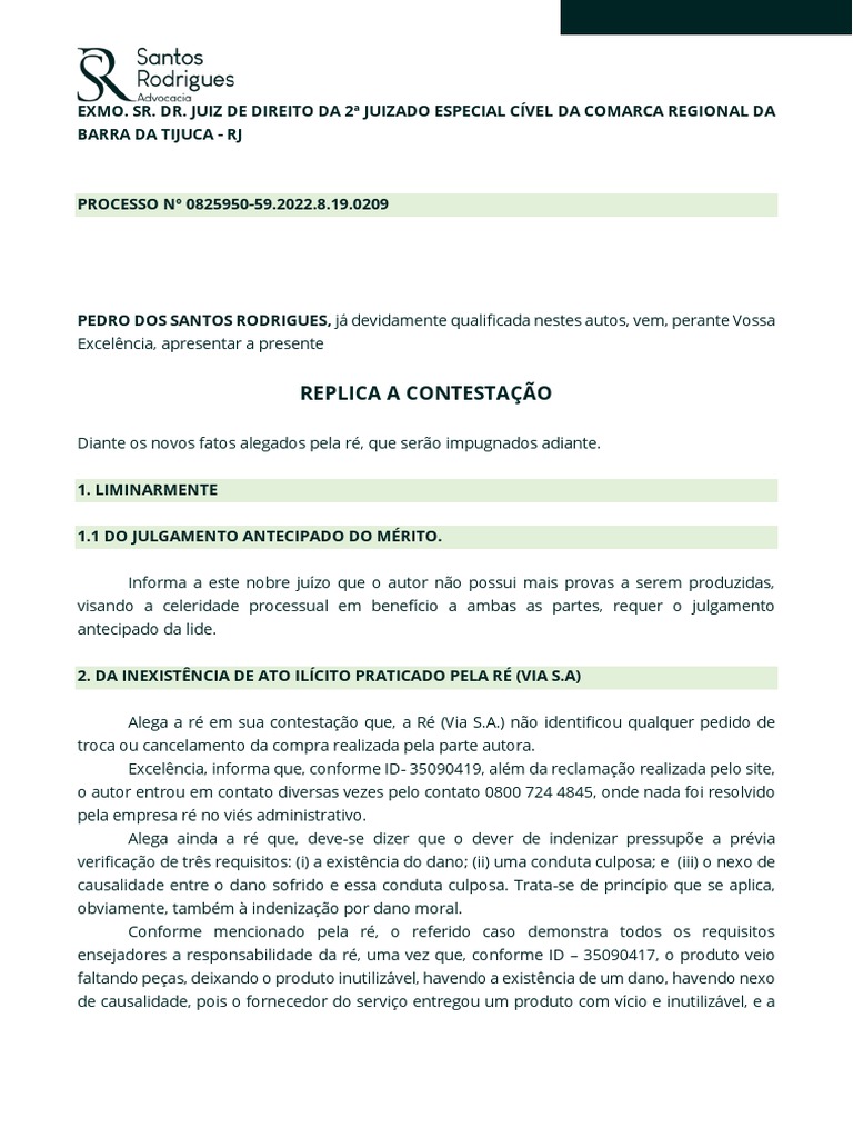 Petição - Replica A Contestação | PDF | Proteção ao consumidor | Réu