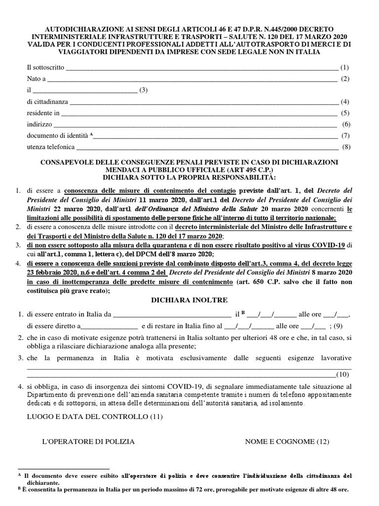 Self-Declaration Italy Drivers | PDF