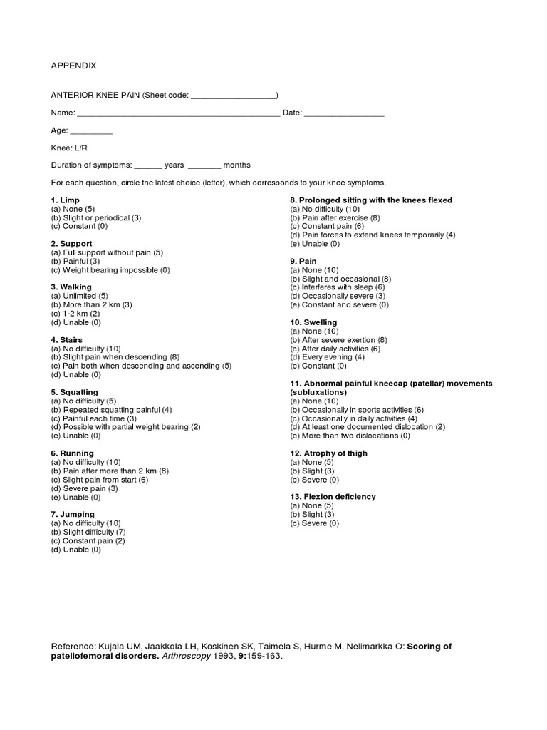 AKPS Scoring for Anterior Knee Pain | PDF | Knee | Medical Specialties
