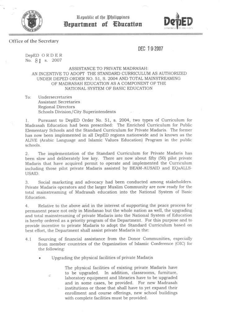 Deped order no 81 s 2007 assistance to private madarasah an
