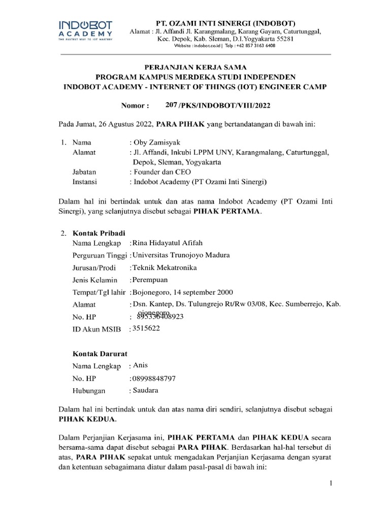 contoh kontrak mbkm studi independent | PDF