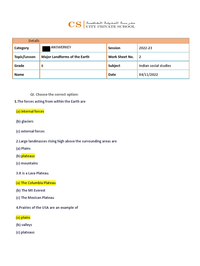 Pt2 Landforms of The Earth Answerkey | PDF | Plateau | Mountains