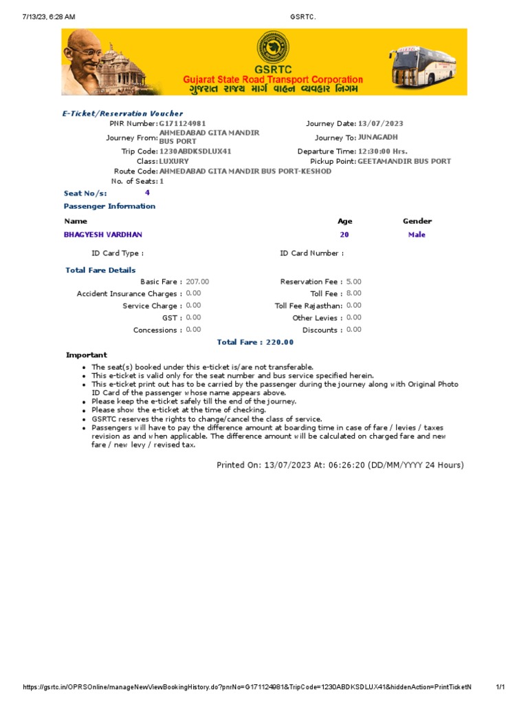 GSRTC PDF Fare Taxes