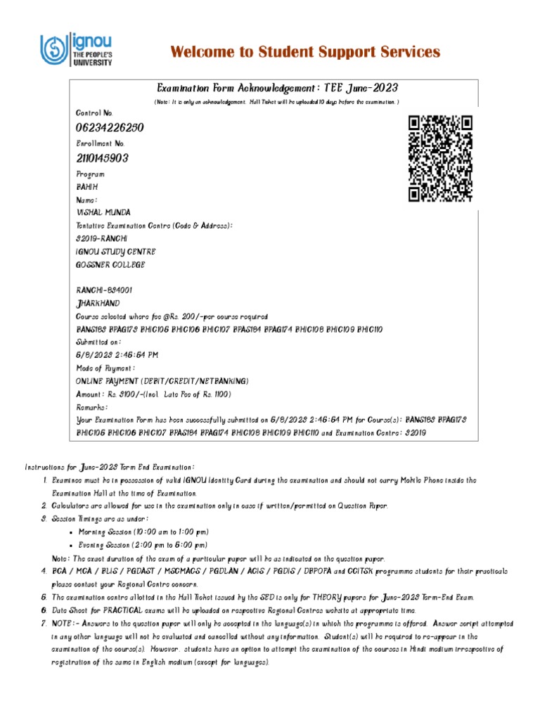Ignou examination form acknowledgement pdf