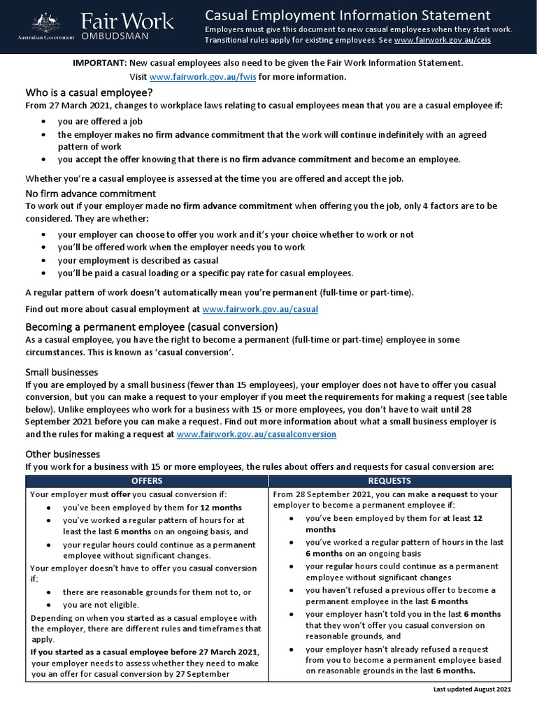 Fair Work Information Statement Current Download Free PDF Employment Justice