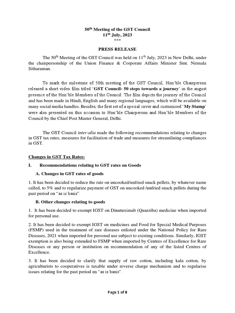 Gst 50th Council Press Release Pdf Taxes Economies