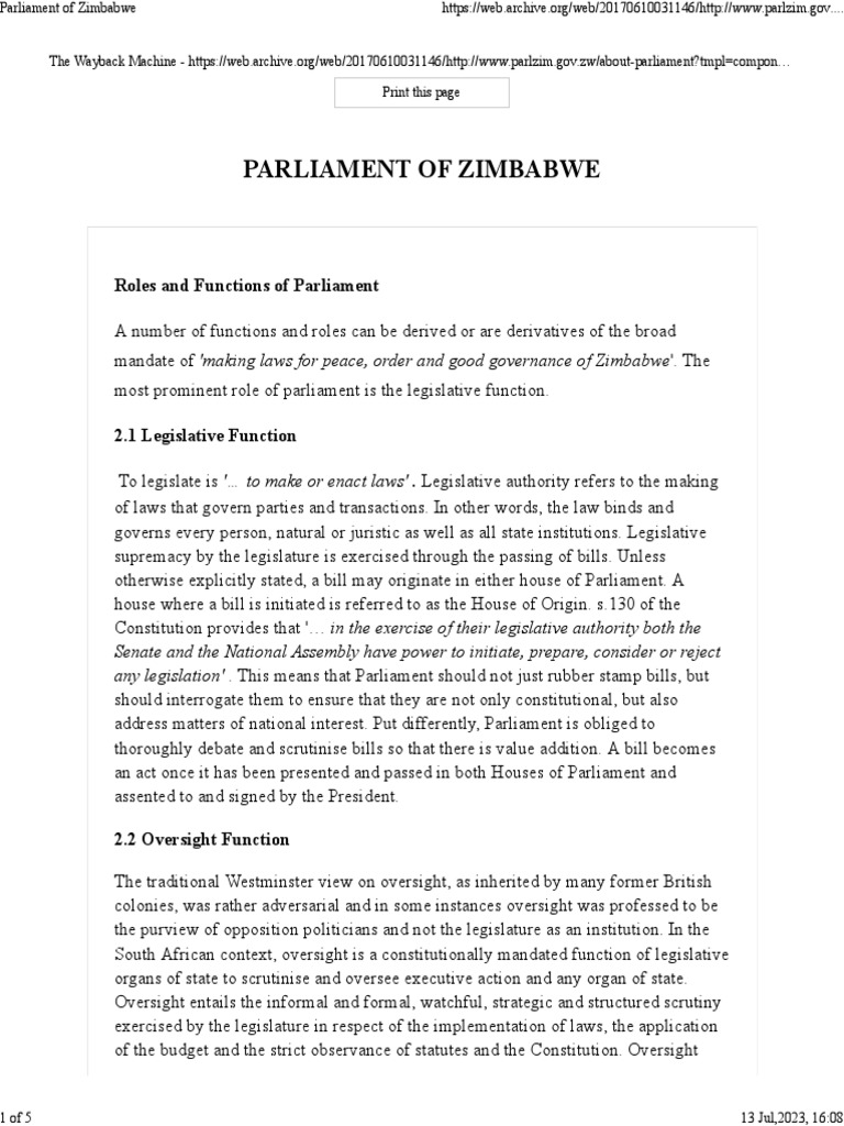 Parliament of Zimbabwe | PDF | Congressional Oversight | Separation Of