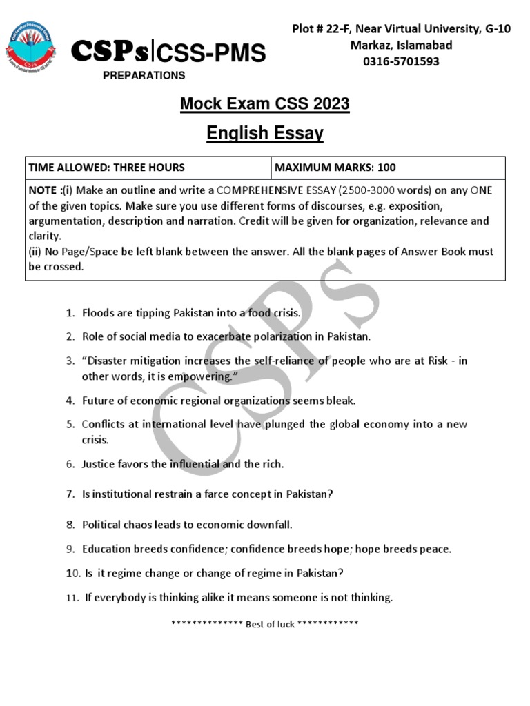 CSS 2023 Mock Exam English Essay Topics | PDF