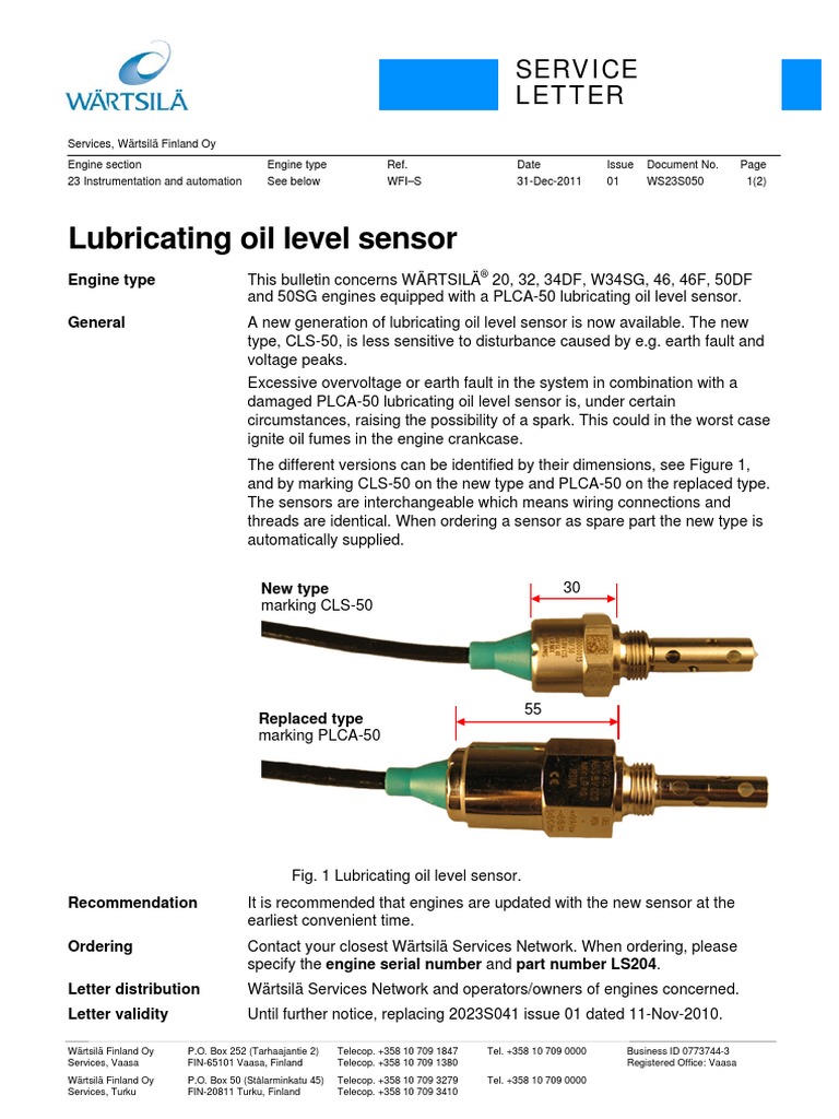 Service Letter-Lubricating Oil Level Sensor | PDF | Electrical Engineering