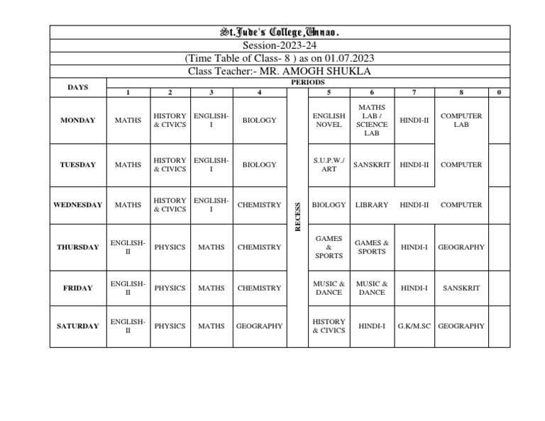 Time Table Class 8 202324 PDF