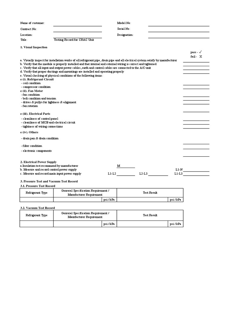 AC Installation - Testing Form Template - CRAC - Unit | PDF | Power ...