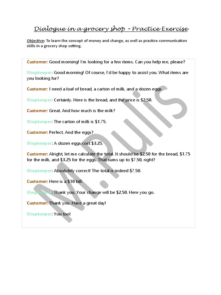 Dialogue in A Grocery Shop - Handout | PDF