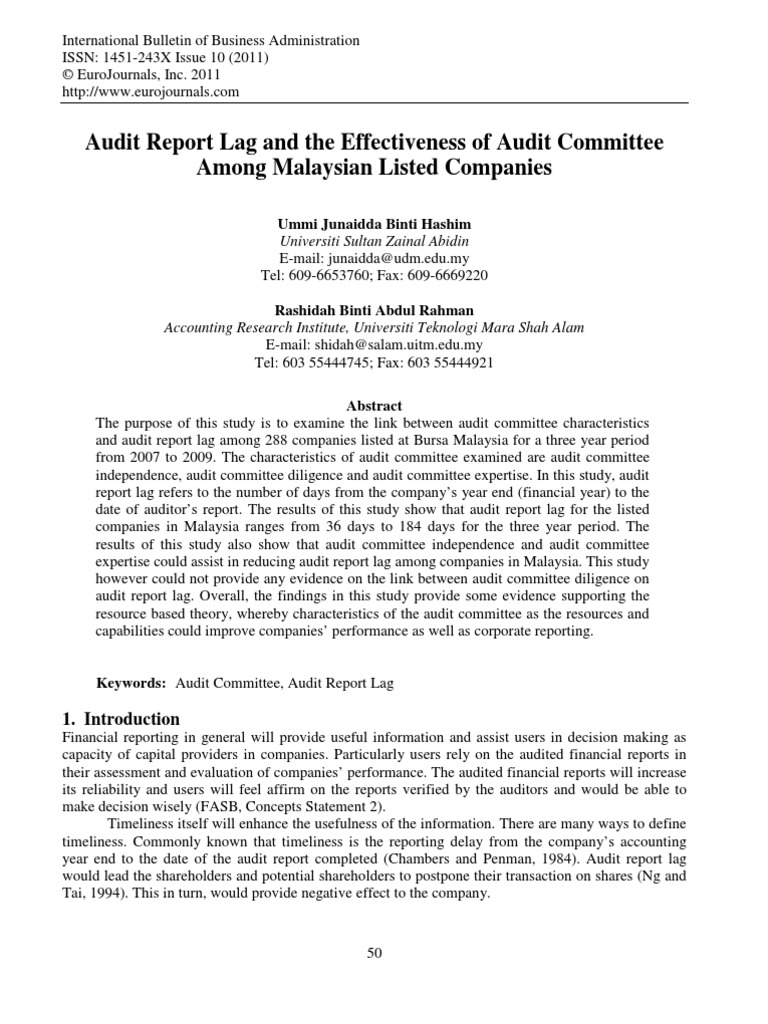 Audit Report Lag And The Effectiveness Of Audit Committee Among Malaysian Listed Companies Pdf Audit Committee Auditor S Report
