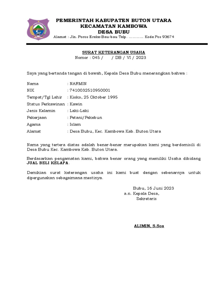 Surat Keterangan Usaha Desa Pdf