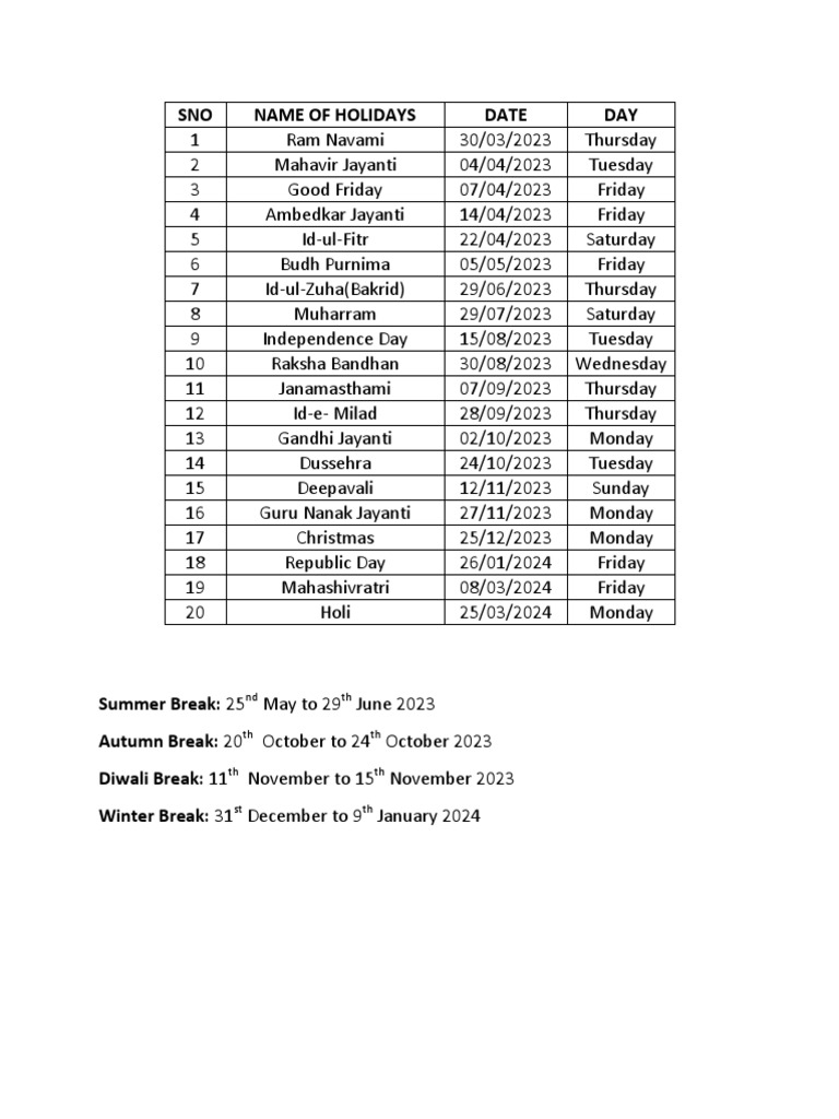 List of Holidays 2023 24 | PDF