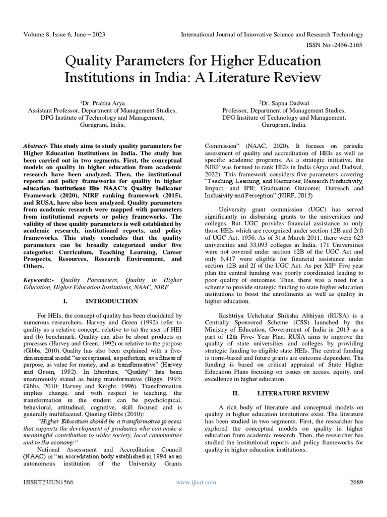 Quality Parameters For Higher Education Institutions in India: A ...