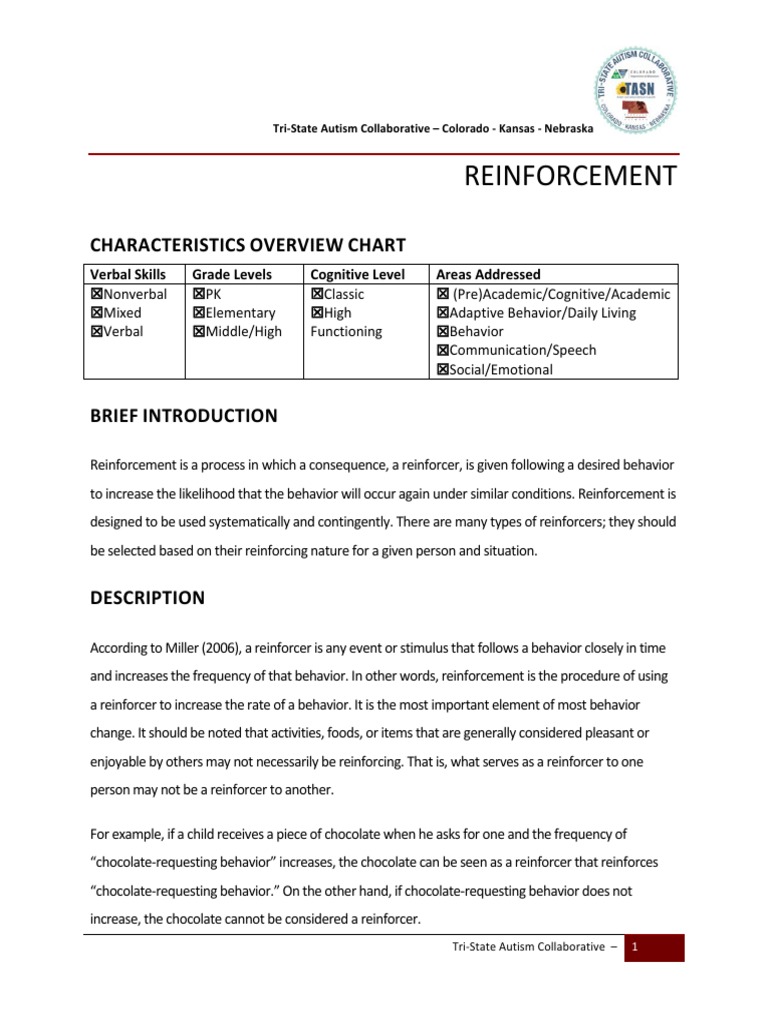 Reinforcement Characteristics Chart PDF Reinforcement Autism