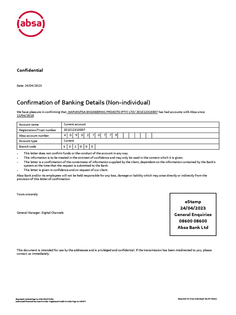 Confirmation of Banking Details (Non-Individual) : Confidential | PDF ...