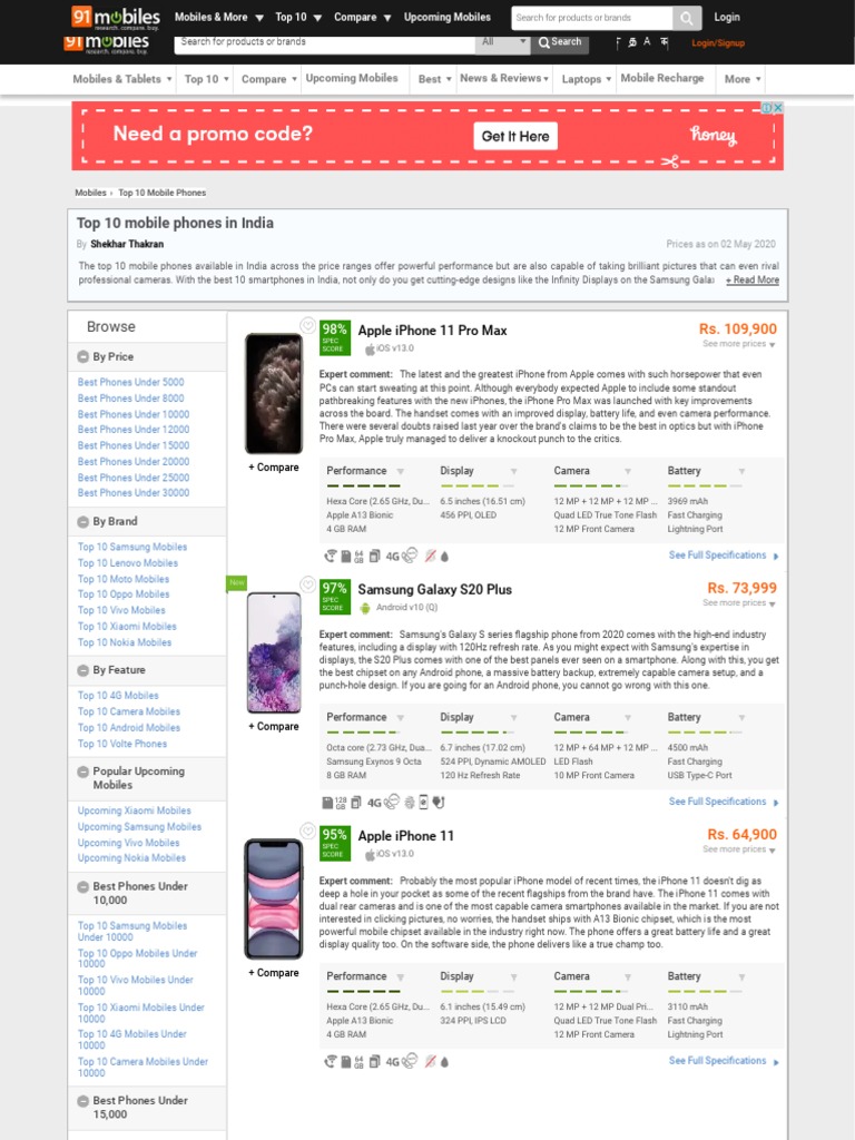 Top 10 Mobile Phones in India With Price, Best Mobiles in India 2020