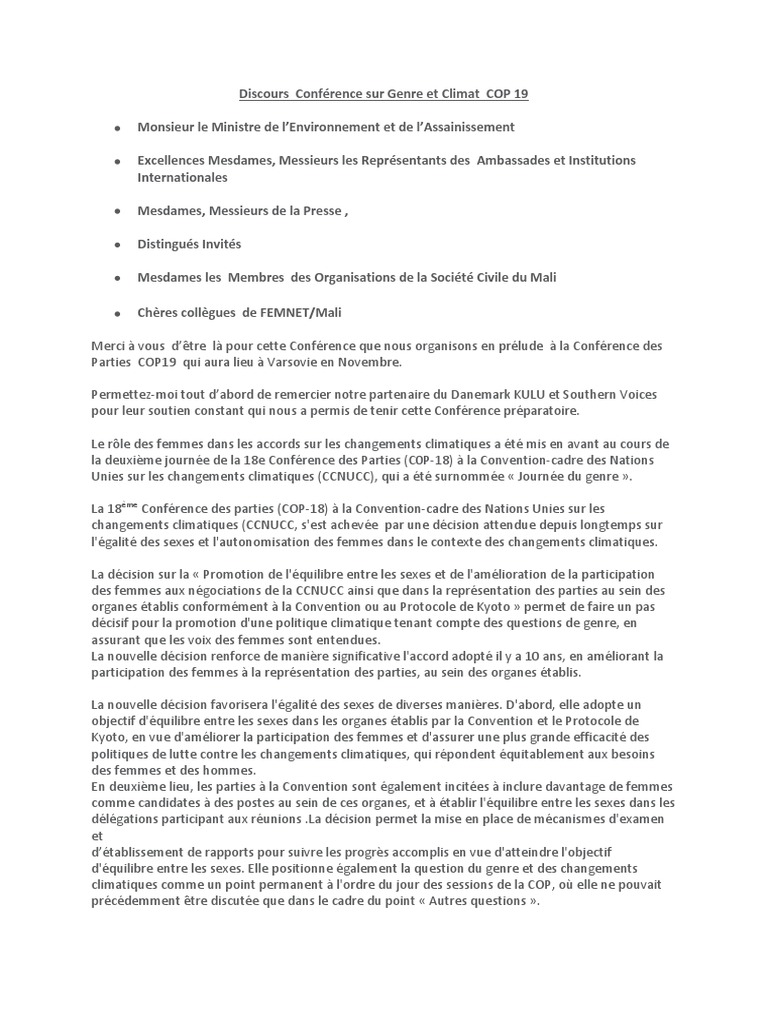 Genre et Climat : Enjeux de la COP 19 | PDF | Convention-cadre des ...