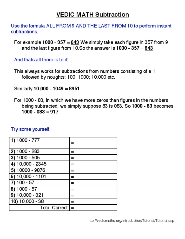 Vedic Maths Subtraction Techniques | PDF | Teaching Methods & Materials ...