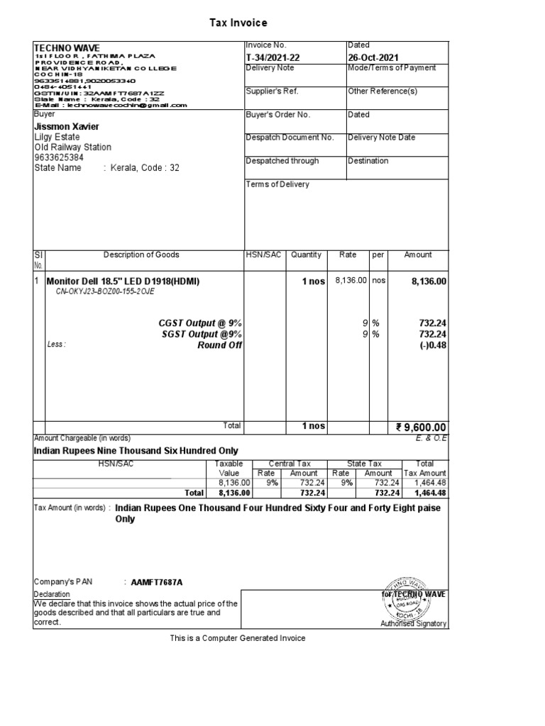 Monitor Bill PDF Invoice Taxes