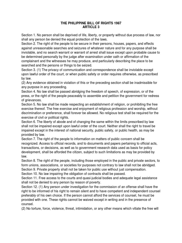 The Philippine Bill of Rights 1987 Article 3 | PDF | Human Rights ...