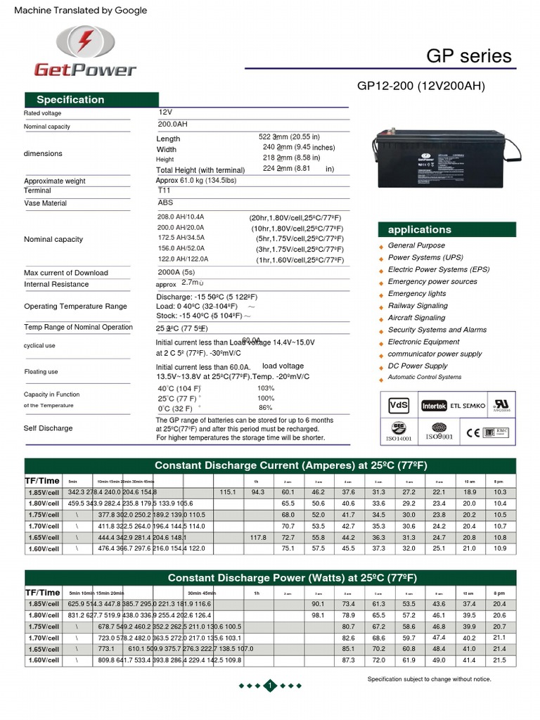 12V 200Ah Battery Specifications | PDF | Rechargeable Battery | Power ...