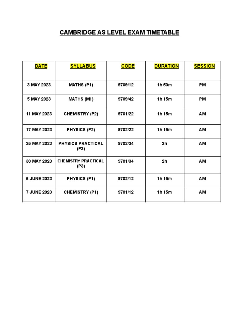 Cambridge As Level Exam Timetable PDF