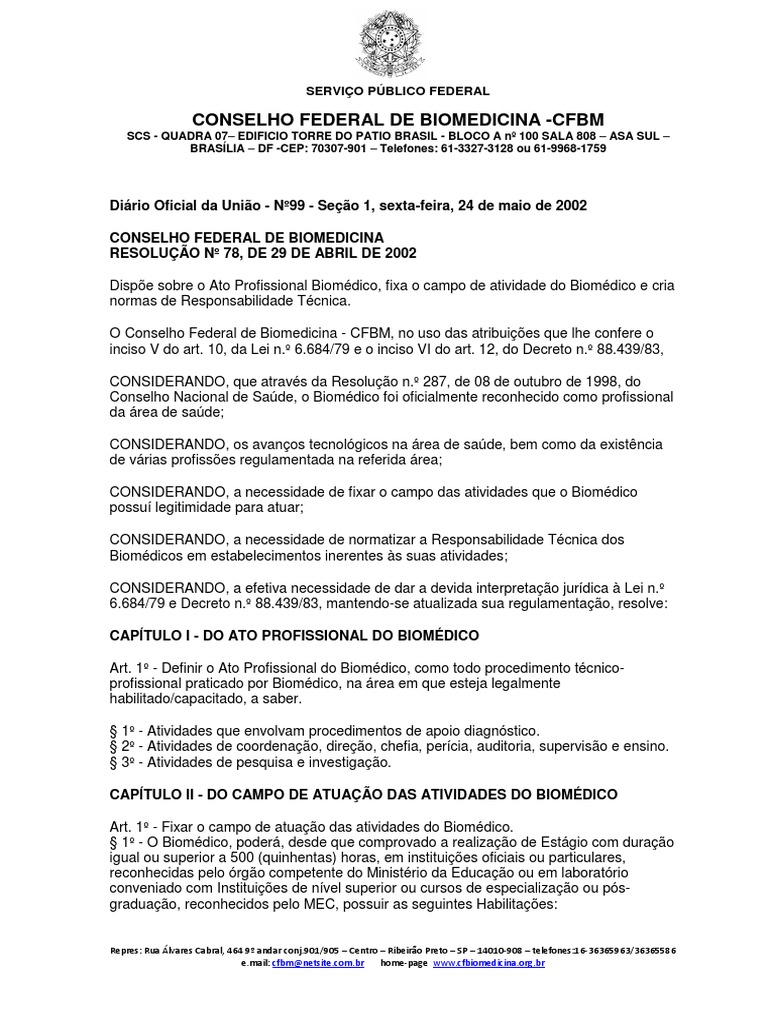 Resolução CFBM nº 78/2002: Ato Profissional | PDF | Medicina Clínica ...